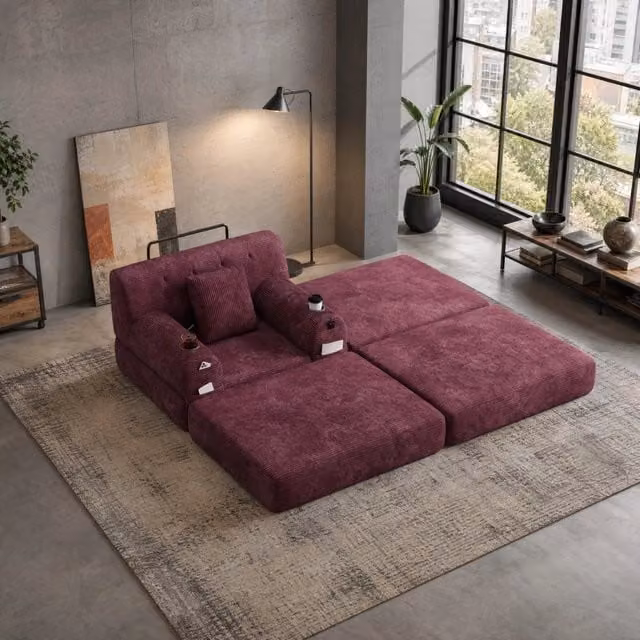 Poltrona letto 162 cm rosso vino in velluto a coste; funzione letto e portabevande