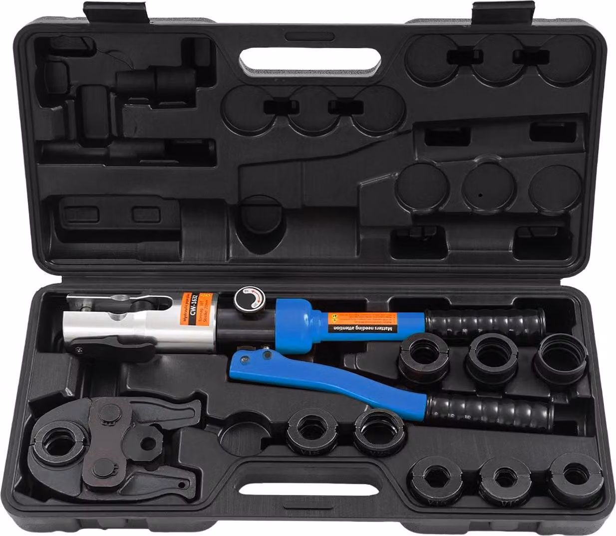 Pinza pressatrice per tubi - Utensile di pressatura idraulico - 10 t (≈10.000 kg) - 9 ganasce di pressatura V12–28 mm, TH16–32 mm - Acciaio/alluminio - Blu
