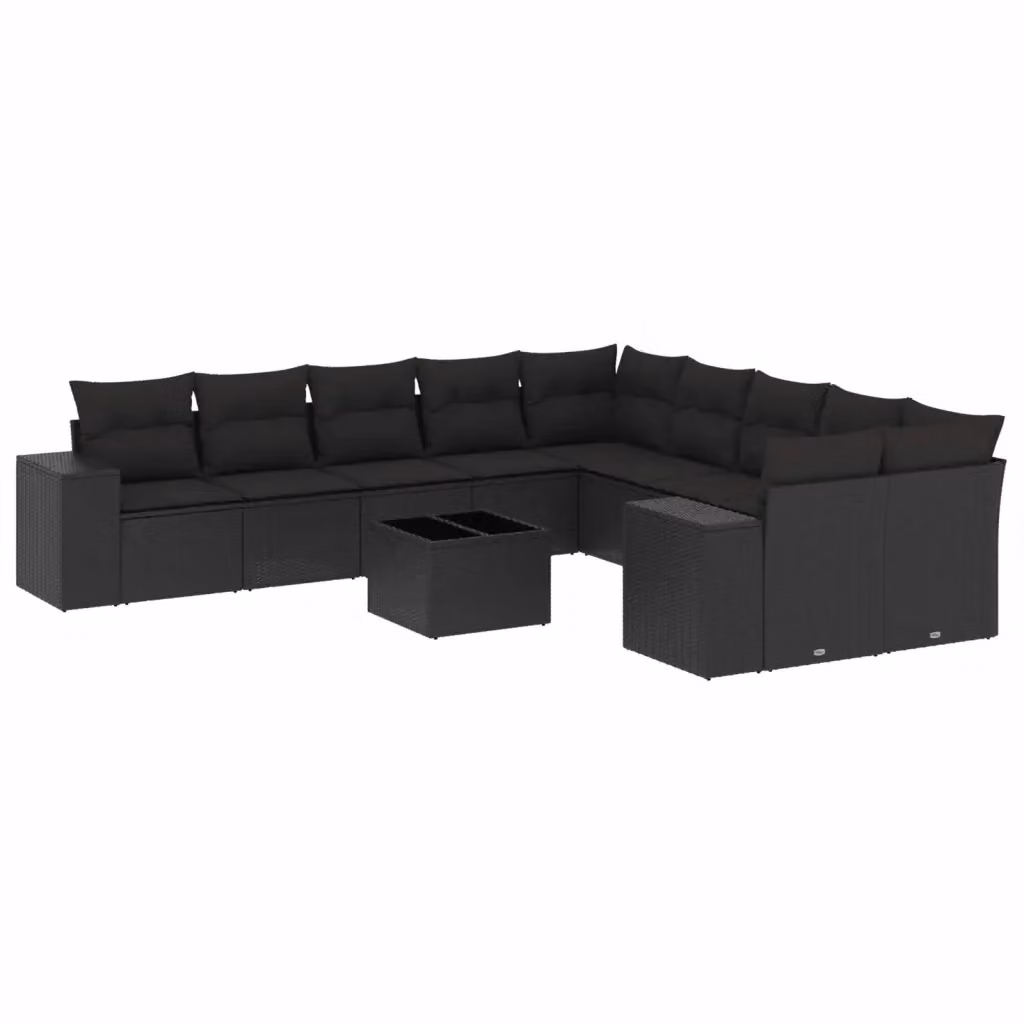 vidaXL Set Divani da Giardino 11 pz a Forma a L con Cuscini in Polyrattan Nero e Tavolino da Esterno – 2