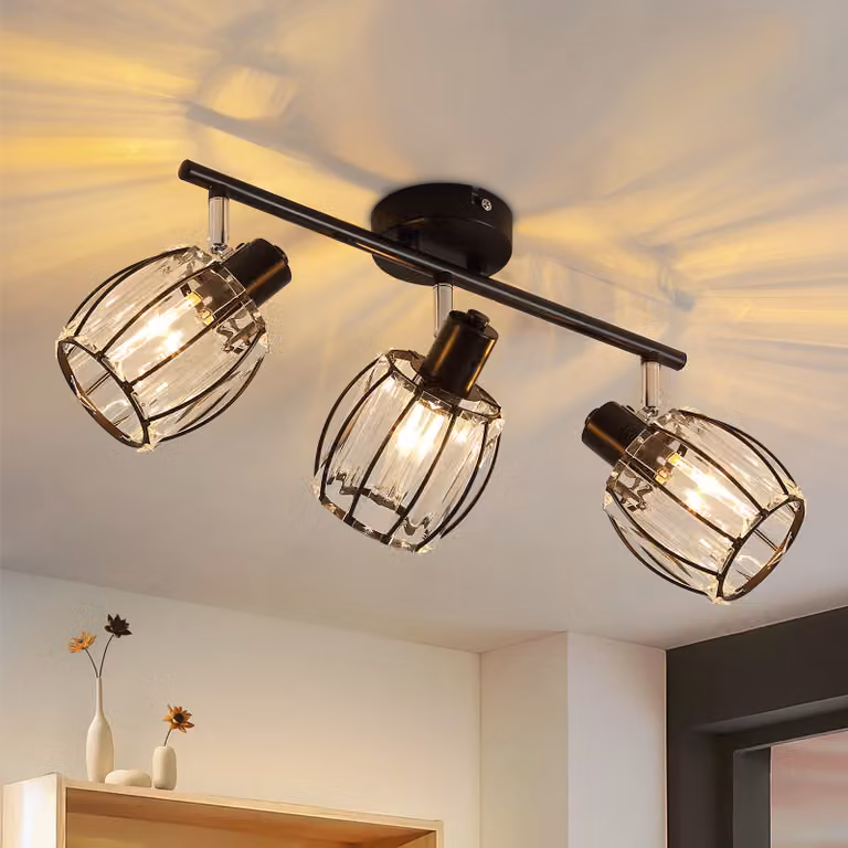 ZMH faretto da soffitto a 3 fiamme lampada da soffitto vintage paralume in cristallo E14 nero retrò faretto da soffitto 350° orientabile per cucina soggiorno (senza lampadina)