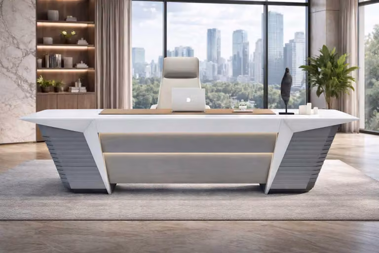 Scrivania bianca e grigia dal design elegante. Tavolo da lavoro esclusivo per l'ufficio