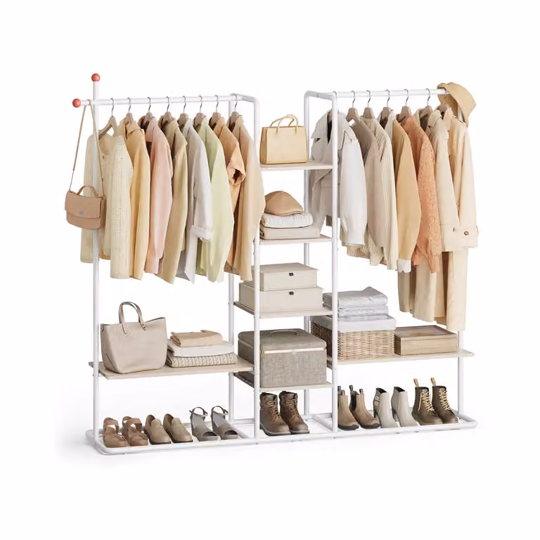 Stand appendiabiti con ripiani e barre in noce naturale, Beige Naturale + Bianco Opaco