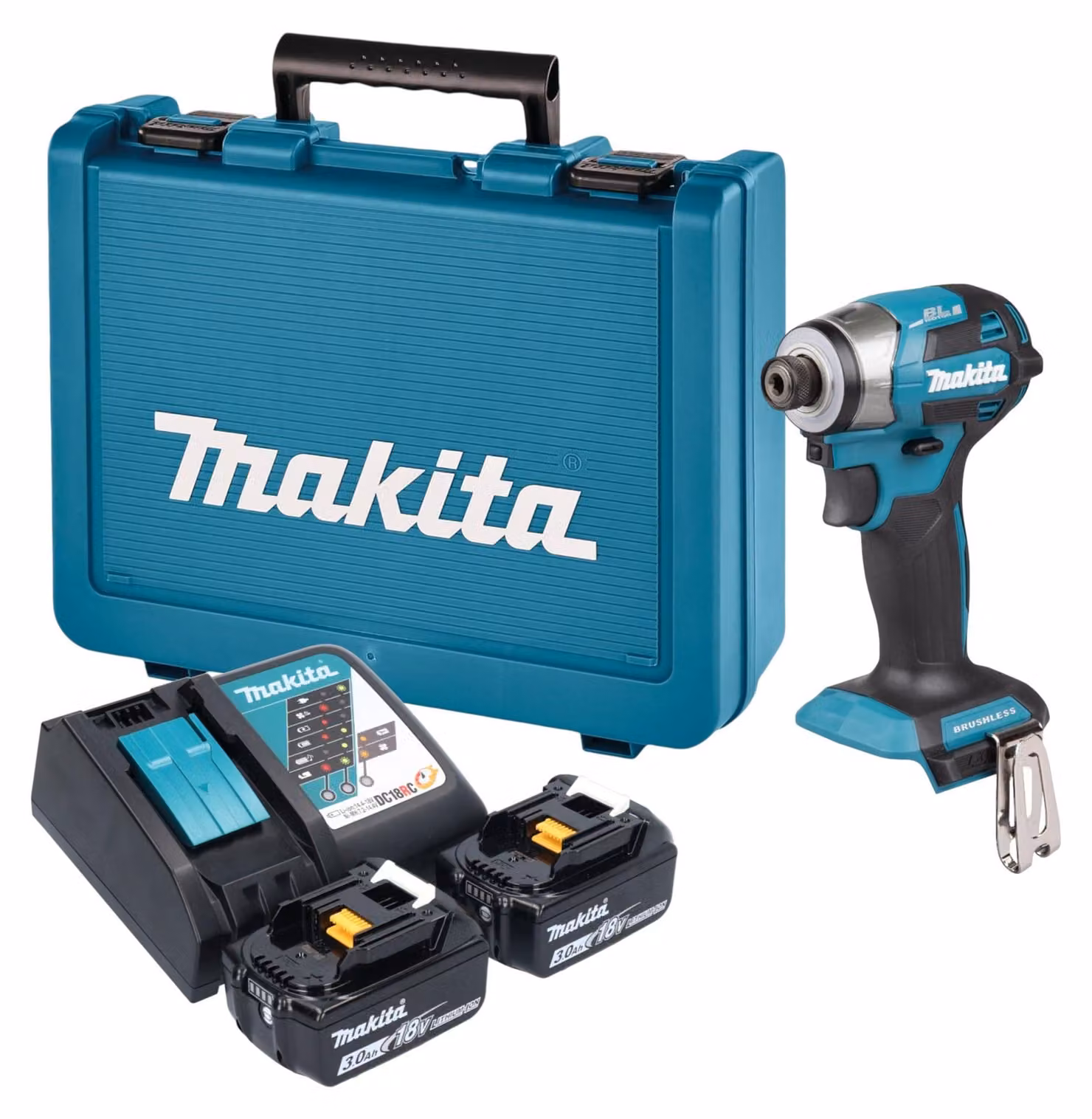 Avvitatore a impatto a batteria Makita DTD 173 RFE 18 V 180 Nm 1/4" brushless + 2 batterie da 3,0 Ah + caricabatterie + valigetta