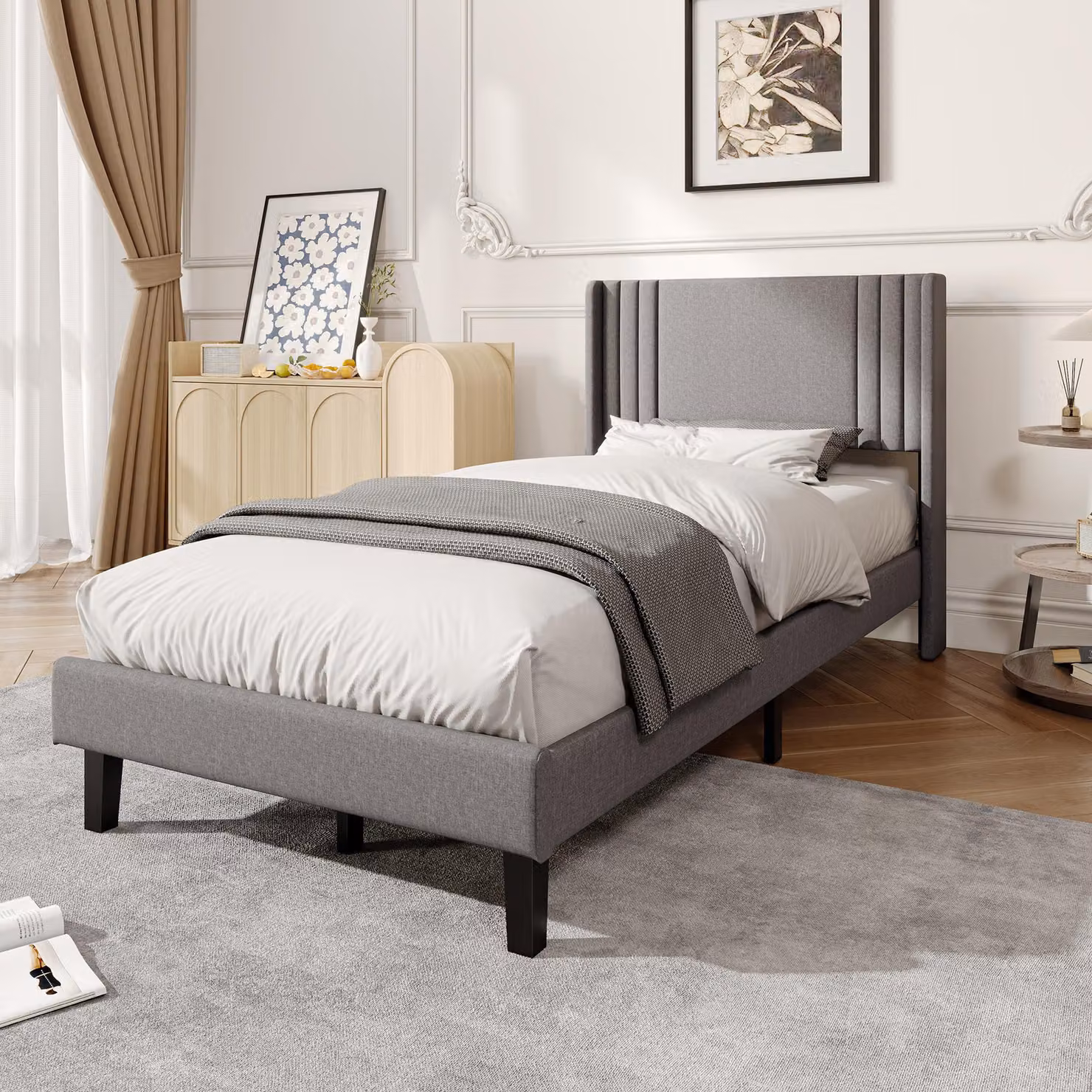 Letto imbottito 90x200 cm con rete a doghe, letto singolo con alta testiera imbottita, struttura in metallo, tessuto in lino grigio, altezza da terra di 15,5 cm, senza materasso