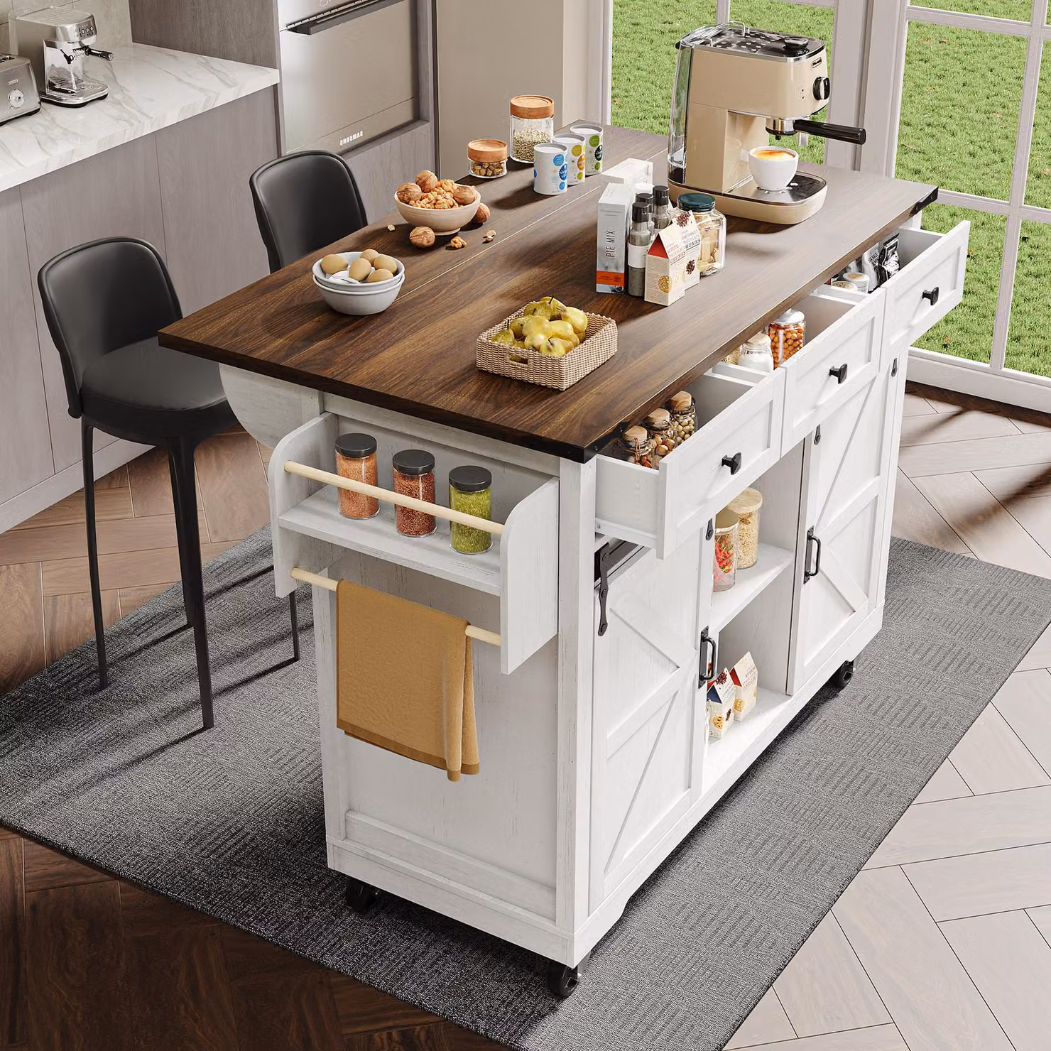MODFU Carrello di servizio per isola da cucina Credenza con 2 ante scorrevoli e 3 cassetti, mobile da cucina allungabile con 5 ruote lisce, carrello da pranzo con portasciugamani, Beige