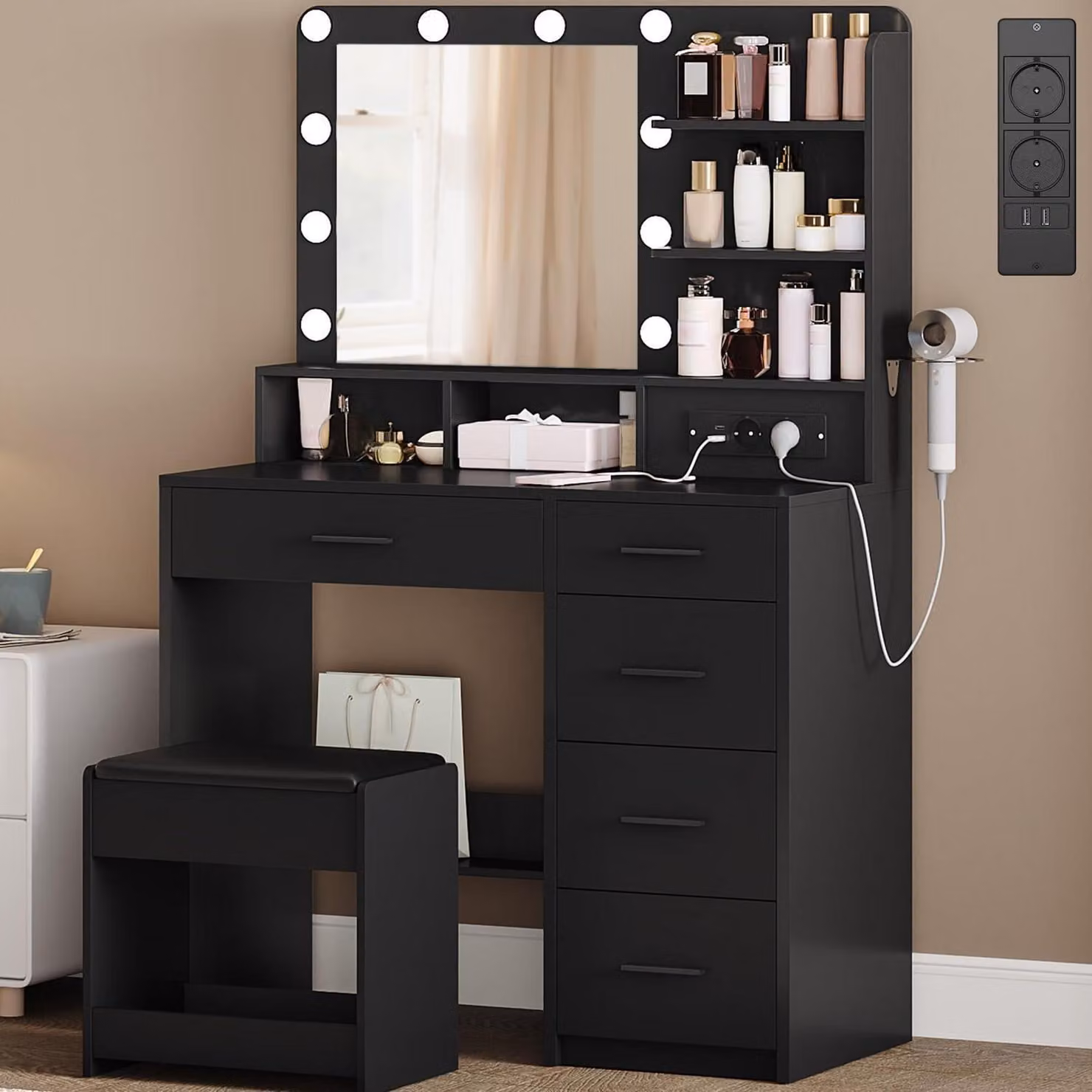 Comò da trucco con sgabello, illuminazione a LED (10 luci), grande specchio, supporto per asciugacapelli, 5 cassetti, colore nero, dimensioni 90 x 40 x 139 cm