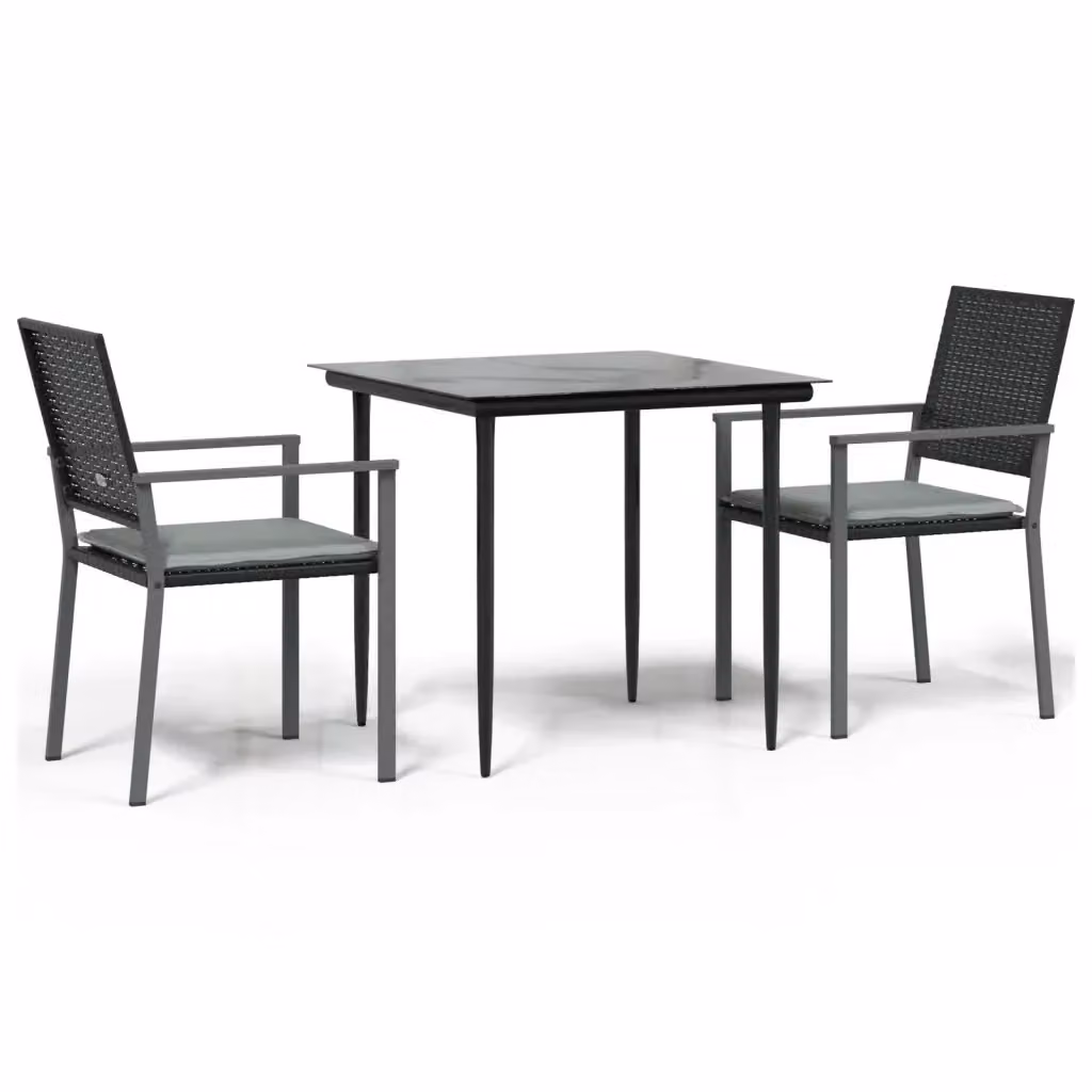 Set Pranzo da Giardino vidaXL in Polyrattan e Acciaio con Tavolo in Vetro e Cuscini, Grigio e Nero – 2