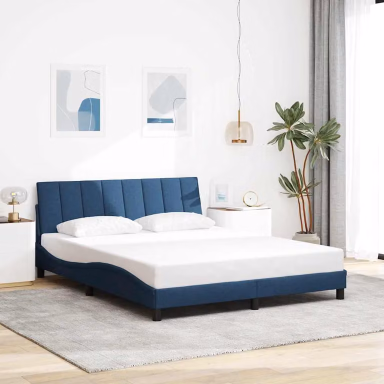 vidaXL Giroletto Hanko Blu in Tessuto con Illuminazione Sotto il Letto e Porta USB, L/P/H: 160 x 200 cm