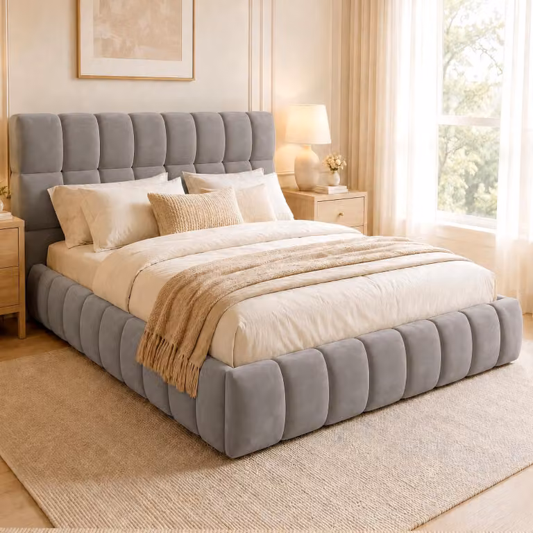 Letto imbottito Merax 140x200 cm con morbido schienale, letto matrimoniale per ragazzi in legno e truciolato, letto piatto rivestito in velluto con bordatura imbottita, grigio