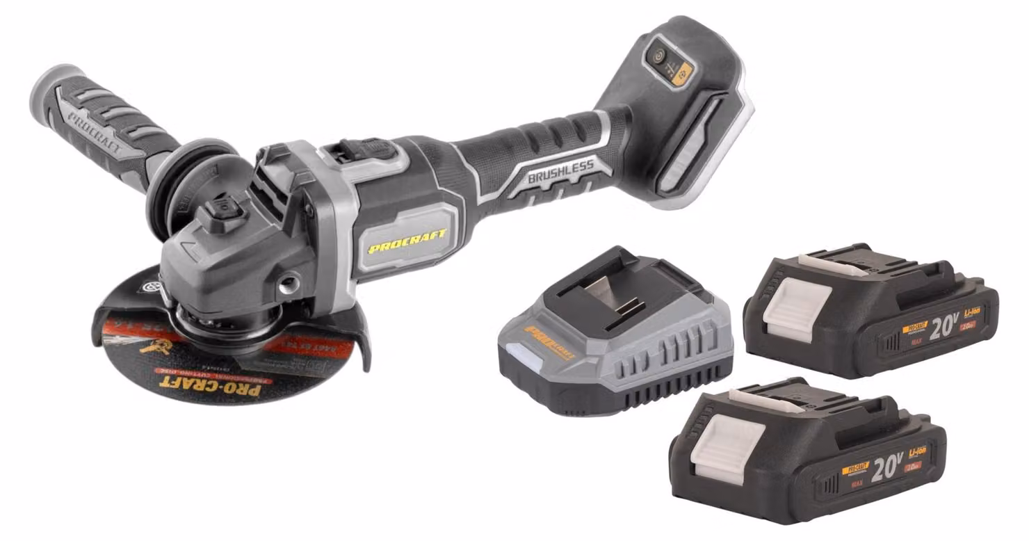 Smerigliatrice angolare a batteria Procraft Industrial AG125Bbb 20 V 125 mm Brushless + 2x batteria 2,0 Ah + caricabatteria