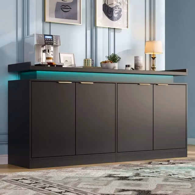 Credenza minimalista in MDF nera con dettagli oro e illuminazione LED integrata L: 160 cm, P: 39 cm, H: 83 cm