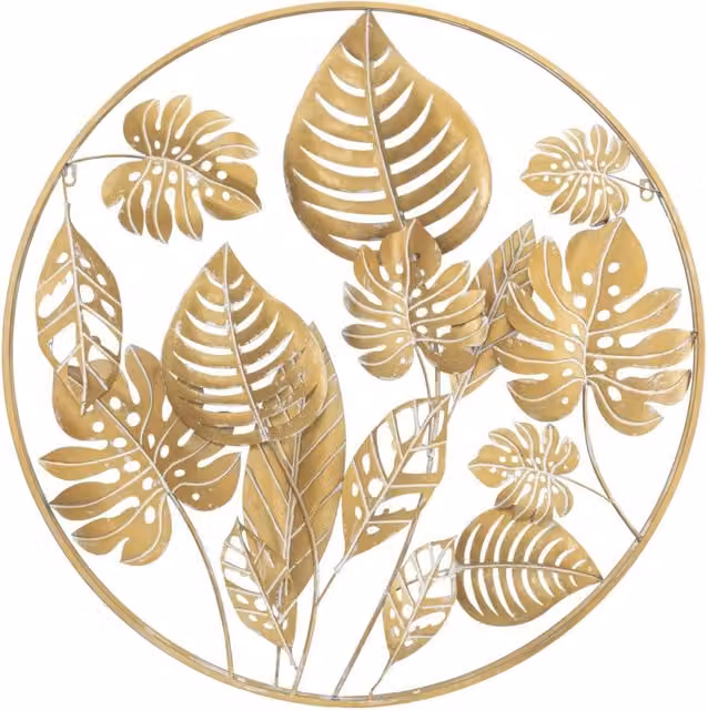 Pannello decorativo da parete Jungle Round Vikasa Home in metallo oro con foglie tropicali, Diametro: 80 cm