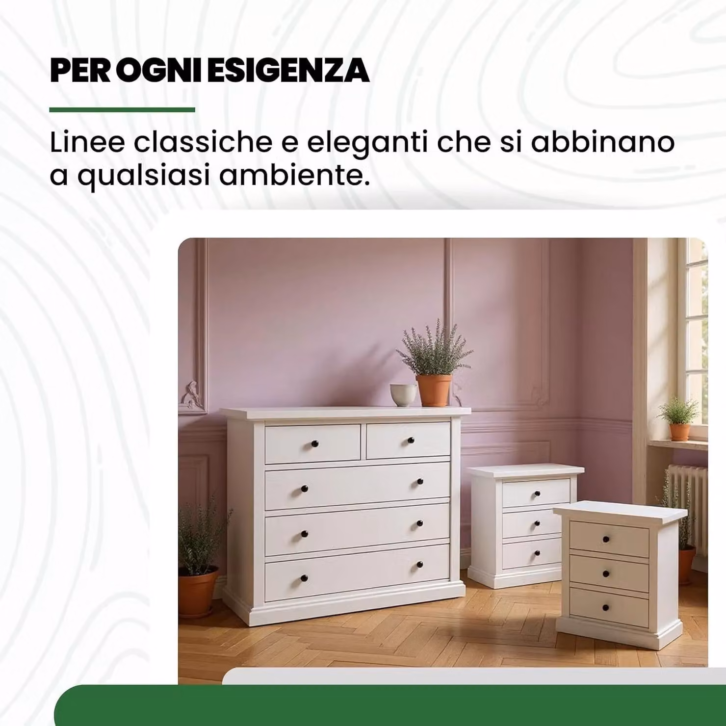 Gruppo comò Mobili 2G con 5 cassetti e 2 comodini a 3 cassetti in laccato bianco opaco – 1