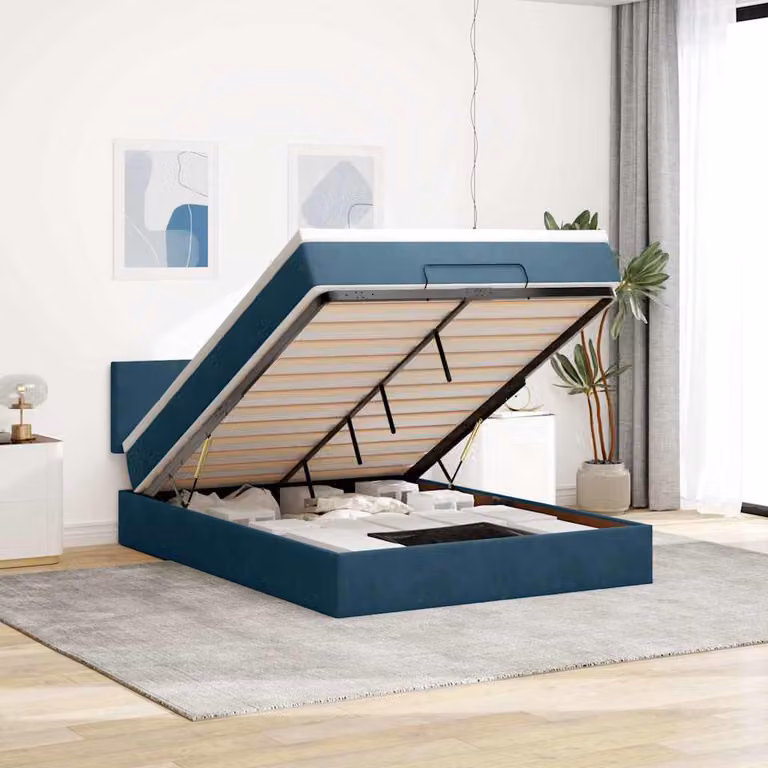vidaXL Struttura Letto con Materasso e Pouf in Velluto Blu, con Base a Sollevamento, Illuminazione Sotto il Letto e Porte USB, L/P/H: 200 x 140 x 88 cm