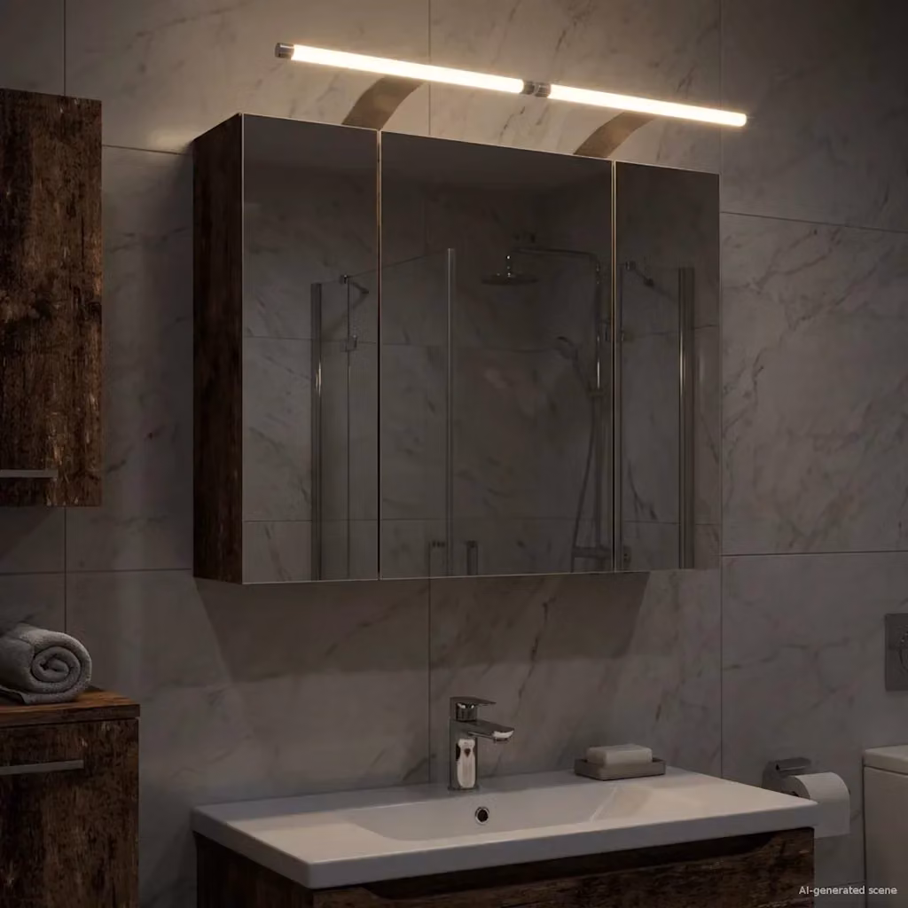 Mobiletto da bagno moderno con specchio e illuminazione LED in legno marrone L: 60 cm, P: 14,5 cm, H: 50 cm – 2
