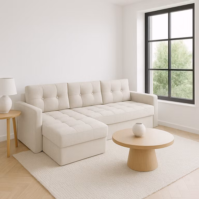 Divano angolare GUTTO con meccanismo letto, modello IVIO I, rivestito in velluto in colori di tendenza, con cuciture moderne. Un prodotto di successo per il 2025!