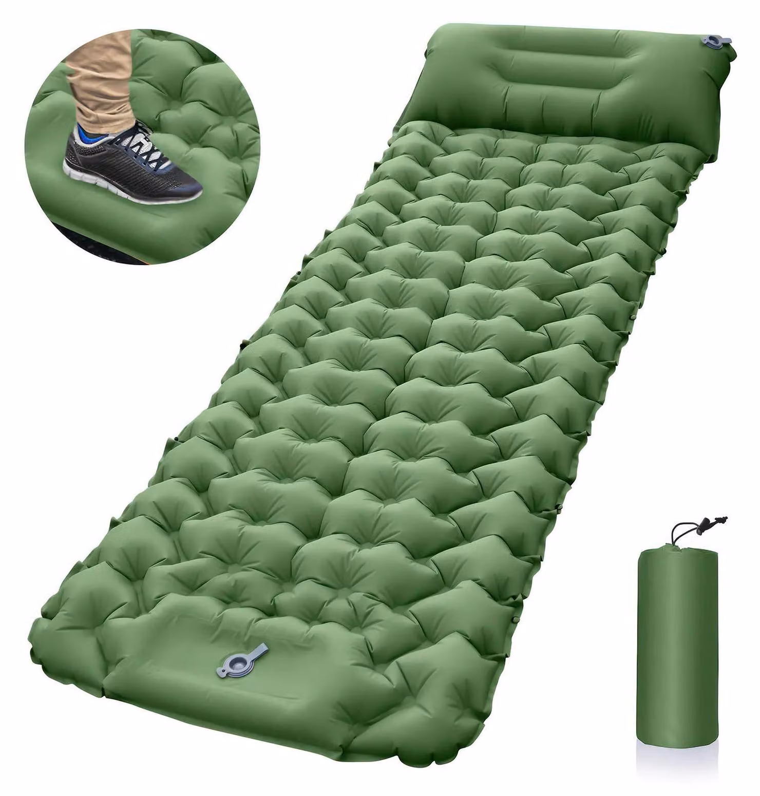 Materassino da campeggio, design compatto, pompa integrata, colore verde, dimensioni 193x68x8 cm