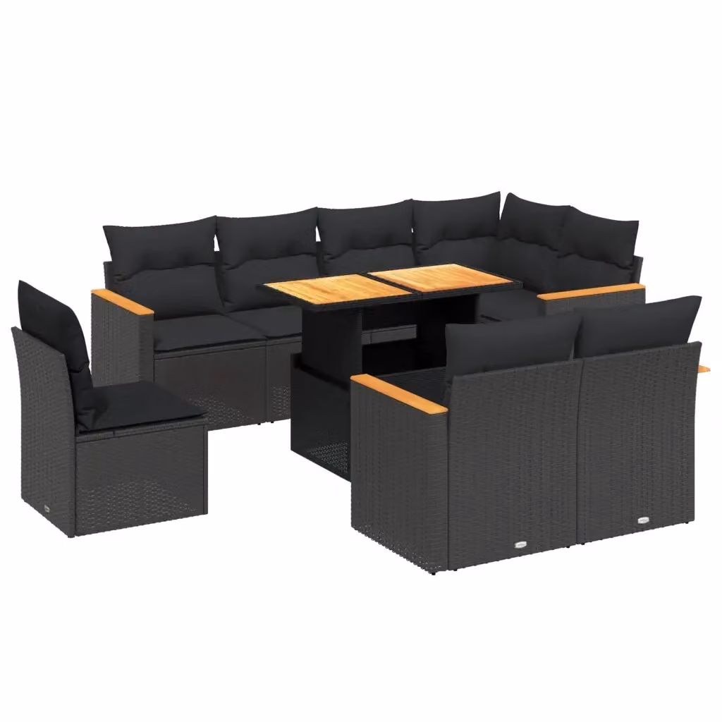 Set di divani da giardino vidaXL a forma di L composto da 9 pezzi con cuscini e tavolino da esterno in polyrattan nero e legno di acacia – 2