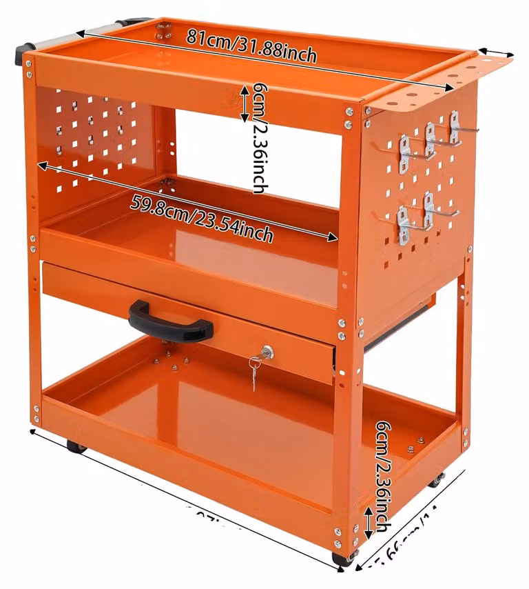Carrello per utensili, sistema di stoccaggio a 3 livelli, cassetto con serratura, colore arancione