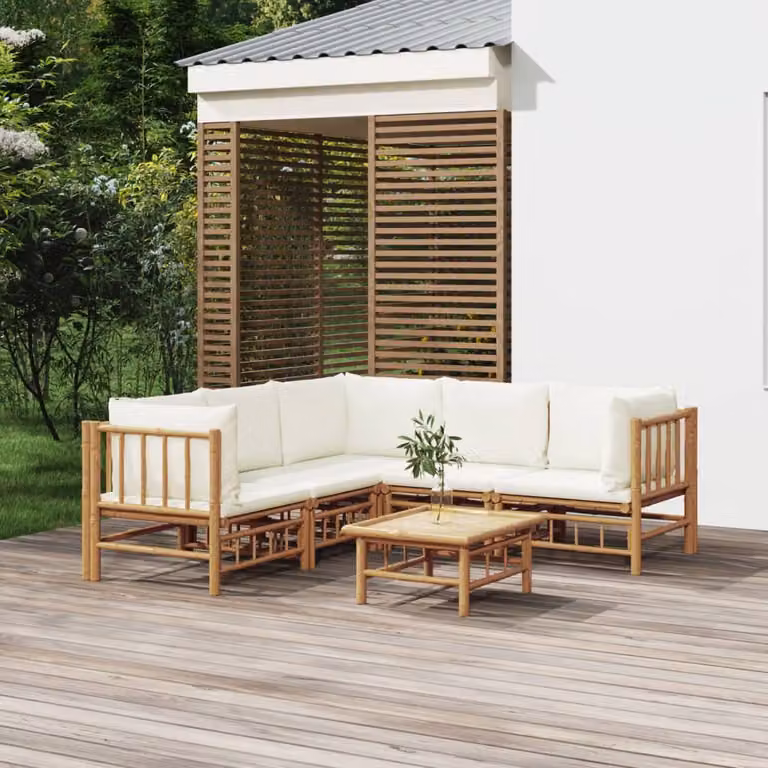 Set Salotto da Giardino vidaXL in Bambu con Cuscini, 6 Pezzi, Design Moderno a L, Bianco e Marrone