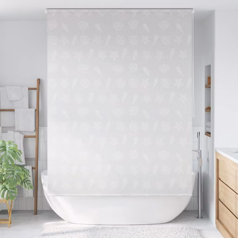 Tenda a Rullo per Doccia vidaXL con Motivo Stella Marina, Grigia e Bianca, L 140 cm x H 240 cm