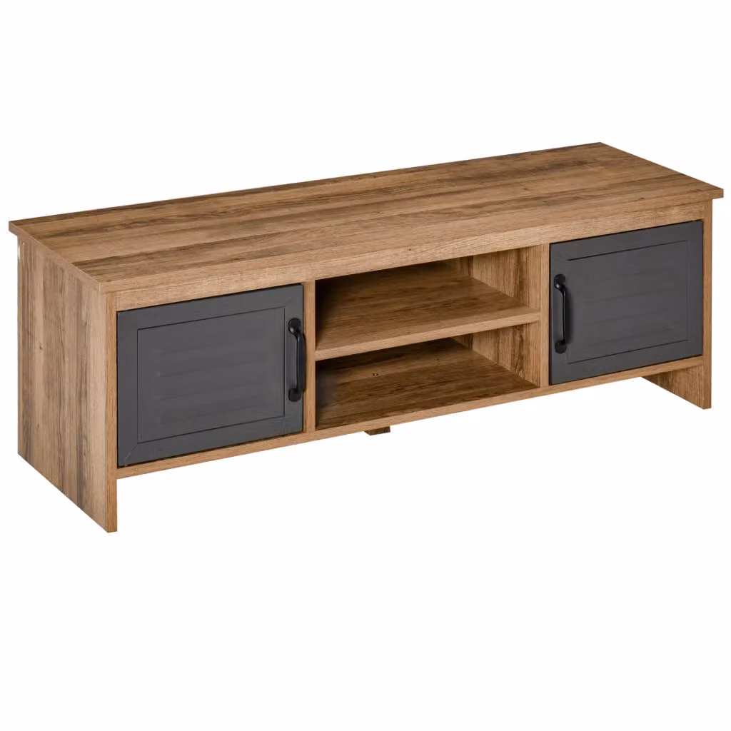 Mobile TV moderno Xylo con ante in metallo e ripiani aperti in legno naturale e grigio L: 109 cm, P: 35 cm, H: 38 cm – 2