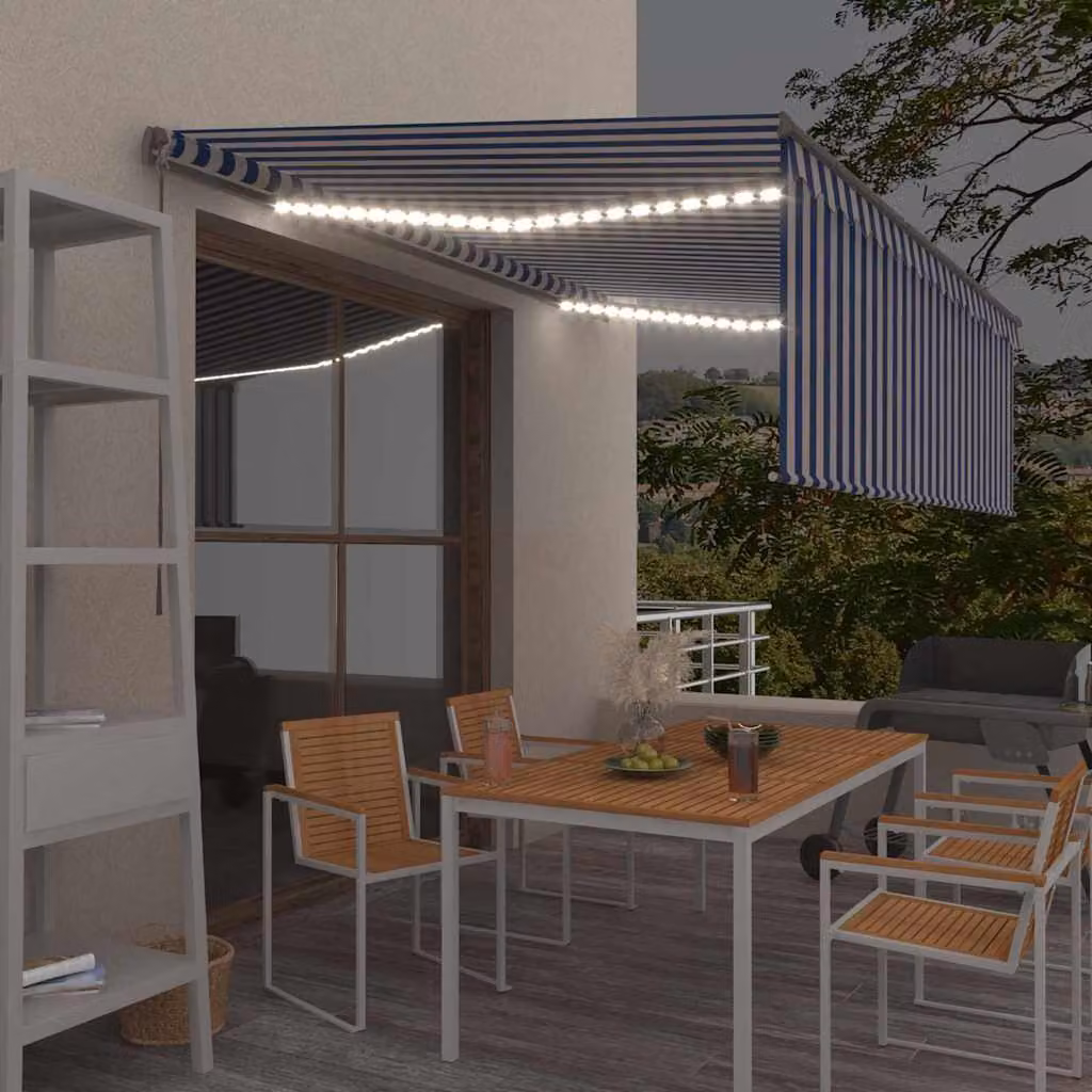Tenda Sole Retrattile Manuale vidaXL con LED in Poliestere e Alluminio, Blu e Bianco, L: 400 cm, P: 120 cm
