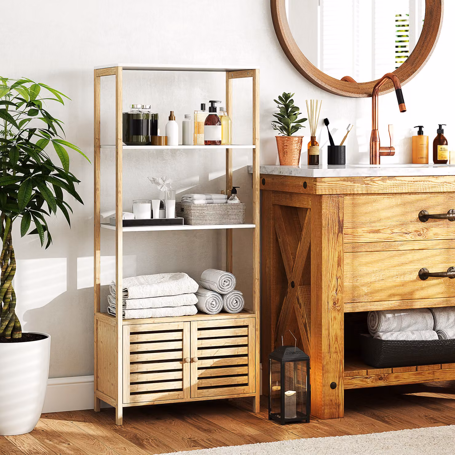 Mobiletto da bagno HOMCOM in bambù e legno con 3 ripiani e armadietto inferiore, L: 63 cm, P: 30 cm, H: 138 cm, Colore legno e bianco – 2