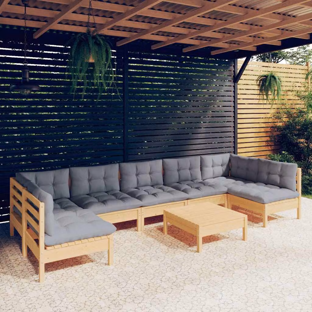 vidaXL Set Divani da Giardino 8 pz in Legno di Pino con Cuscini Grigi e Design Moderno a L