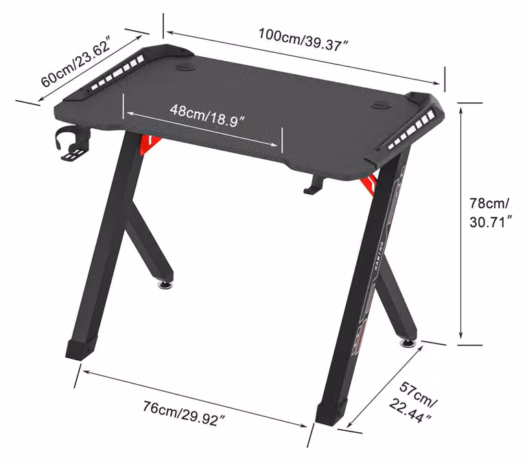 Scrivania da gioco con illuminazione RGB a LED e portabicchieri - Struttura in acciaio e piano di colore nero