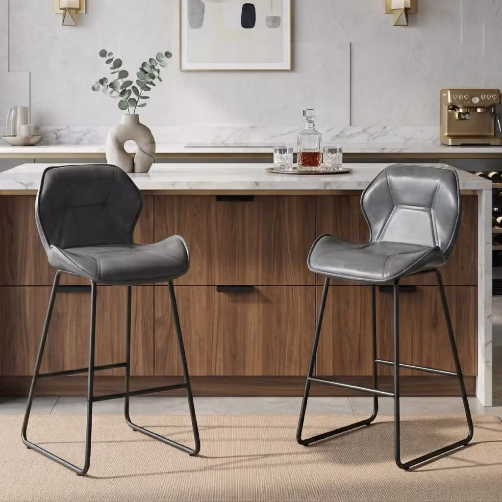 Set di 2 sgabelli da bar moderni WISHDOR in similpelle grigia e nera con schienale e struttura in metallo – 2