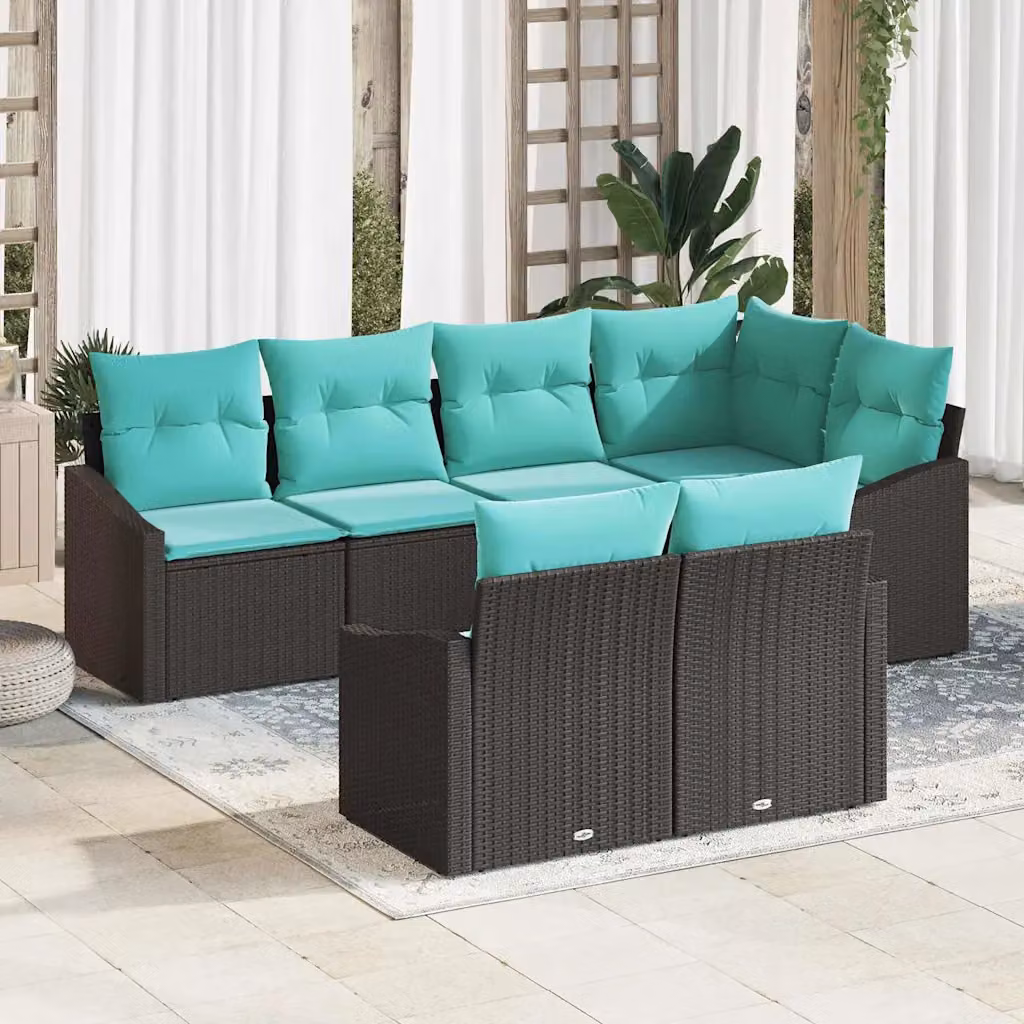 Set di divani da giardino vidaXL 7 pezzi a forma di U in rattan nero con cuscini turchesi e tavolino da esterno