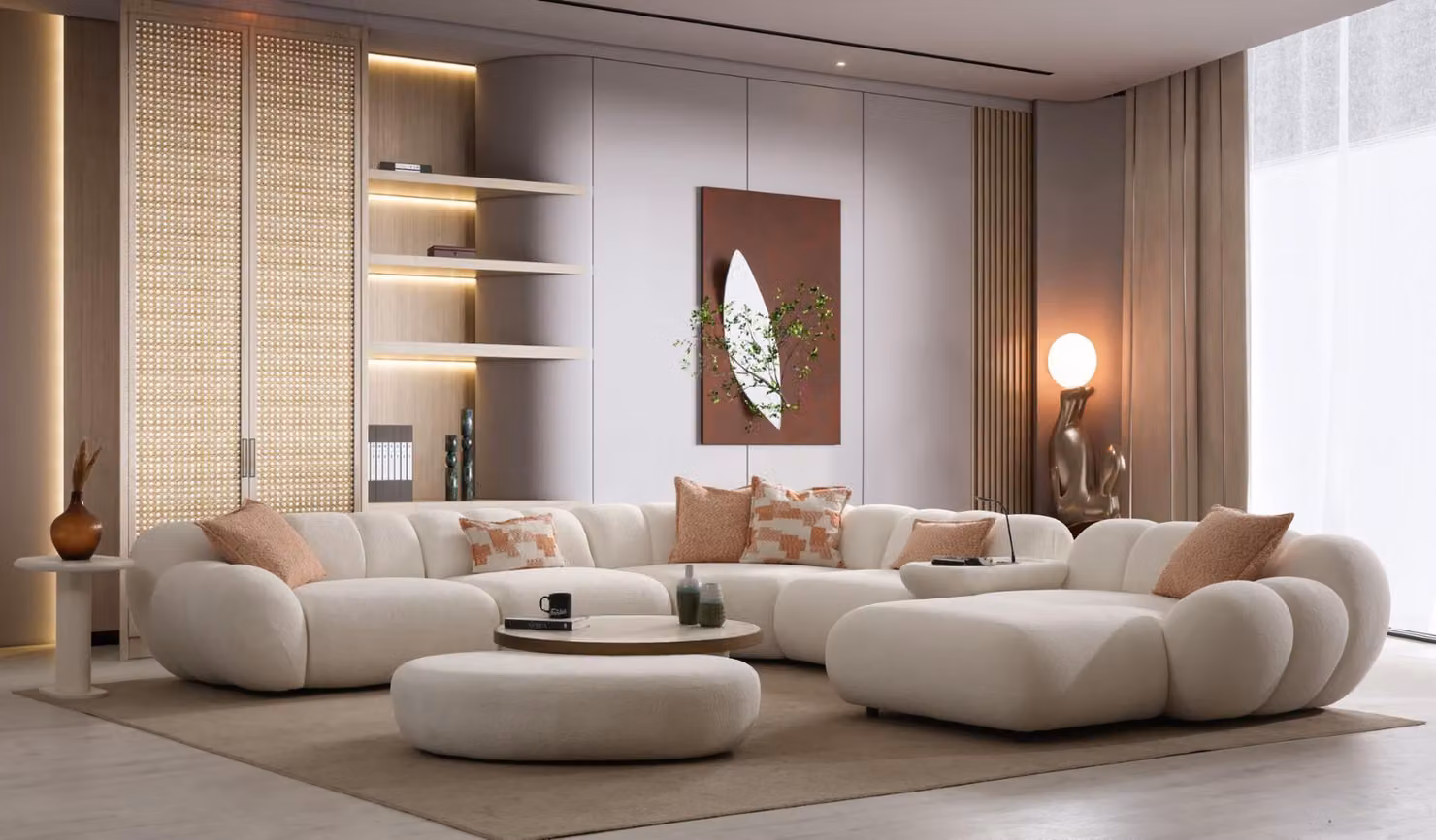 Beiges Wohnzimmer Sitzset Luxuriöses Ecksofa Hocker Beistelltisch
