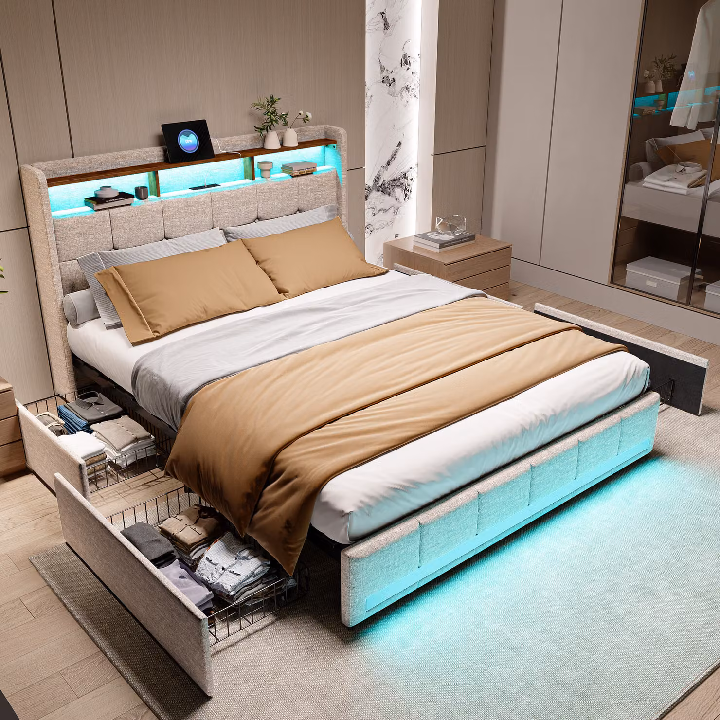 letto 180x200 cm con illuminazione LED, 2 porte USB-C, letto matrimoniale imbottito con 4 cassetti, biancheria da letto, beige
