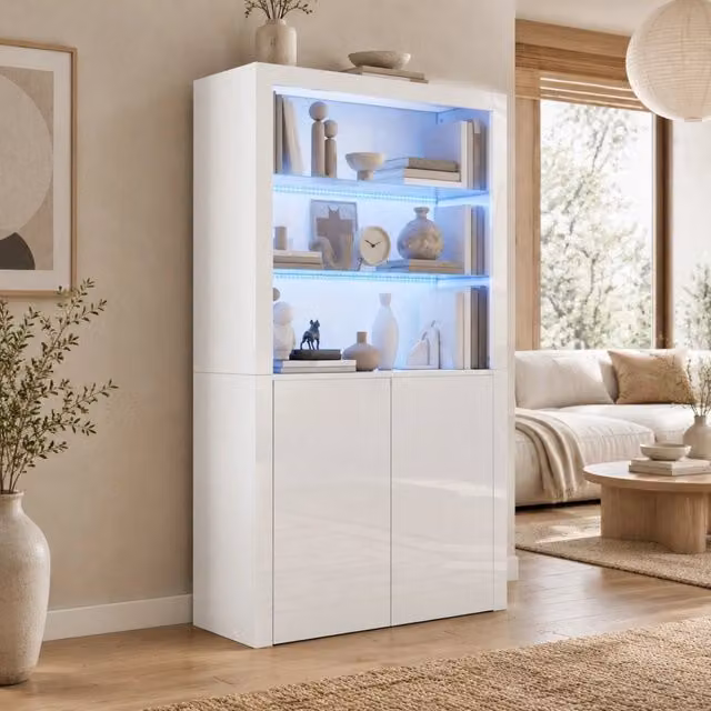 Vetrina con LED a 16 colori; 100 x 35 x 170 cm; MDF; vetro temperato; bianco lucido