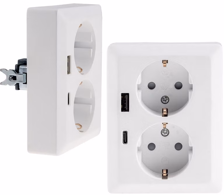 Presa MILOS con contatto di messa a terra, a 2 poli 250V~/16A USB A+C/PD bianco opaco