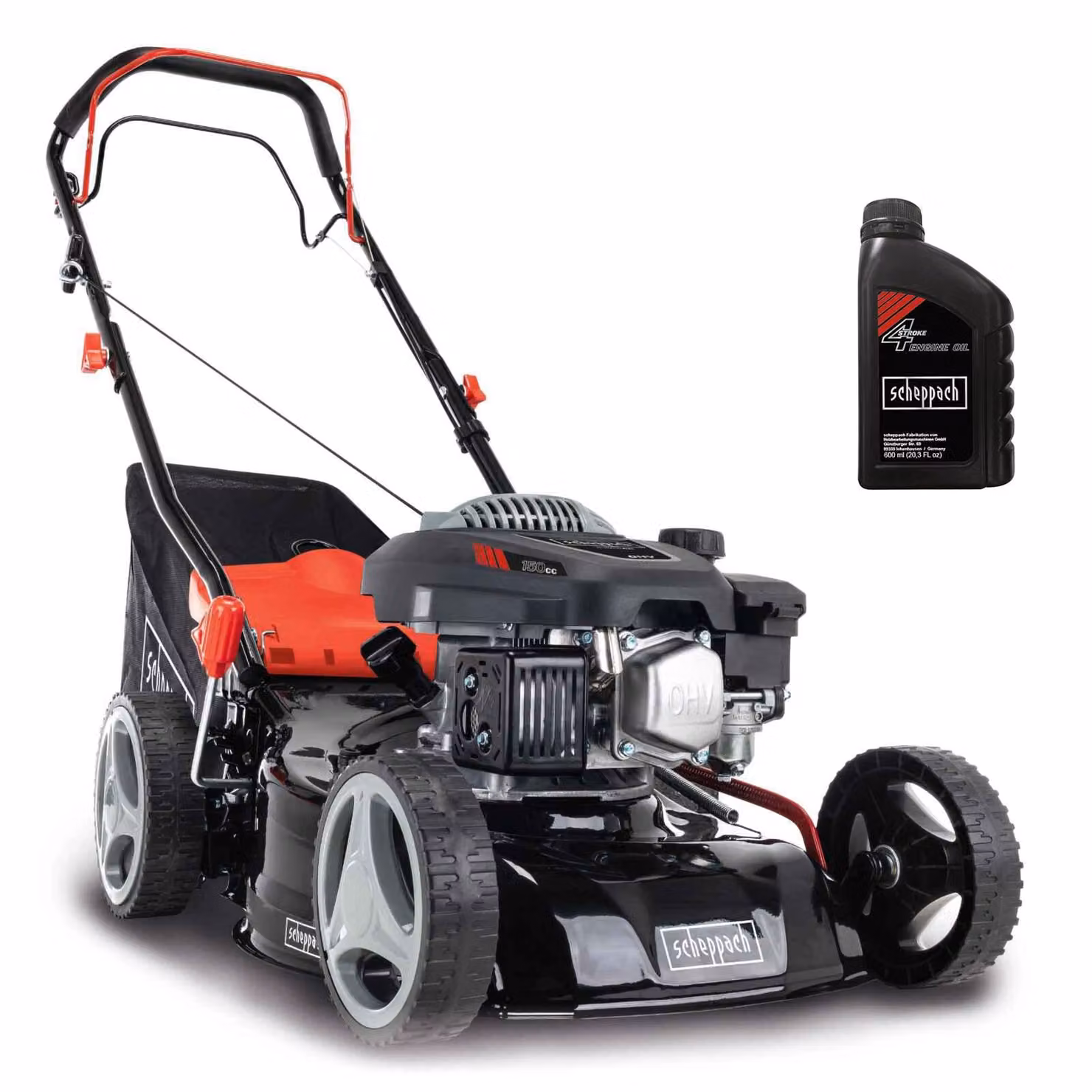 Scheppach Tosaerba a benzina MS150-42 - 3,5 CV | Larghezza di taglio 42 cm | Trazione sulle ruote | Funzione di pulizia/mulching | 45 l | 7 livelli (25-75 mm) | Olio motore incluso