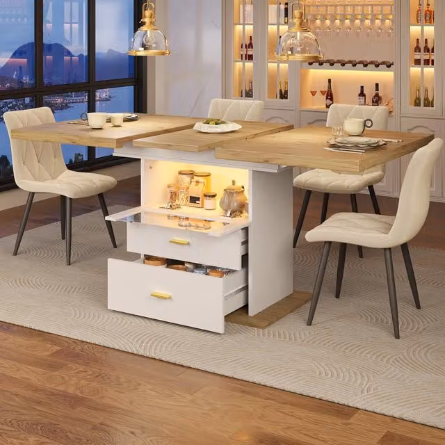 Tavolo allungabile da pranzo con LED controllabile tramite app; cassetti e vano in vetro in MDF bianco