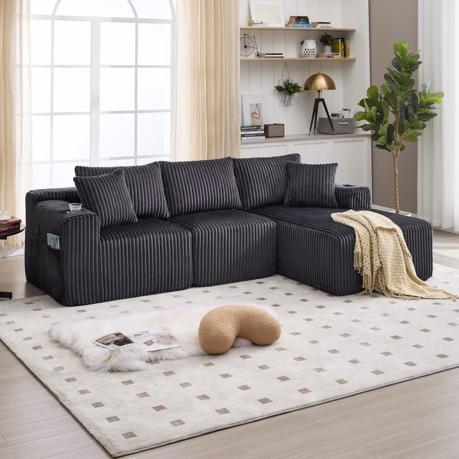 LVHOM Divano componibile con funzione letto, divano angolare con rivestimento in velluto a coste, 3 posti con cuscini, divano letto senza montaggio, divano lounge 257x80x160cm, grigio