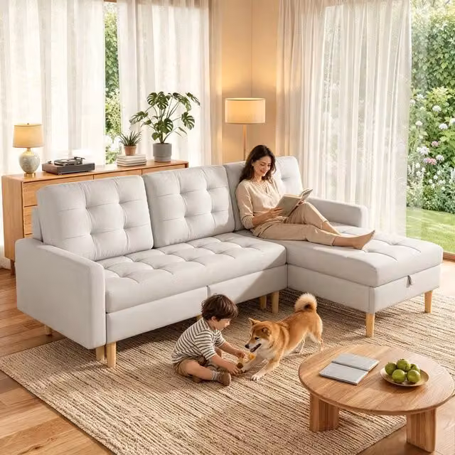 Divano angolare 3 posti con contenitore chaise longue ¨C Minimal ¨C beige tessuto 212x130x86cm