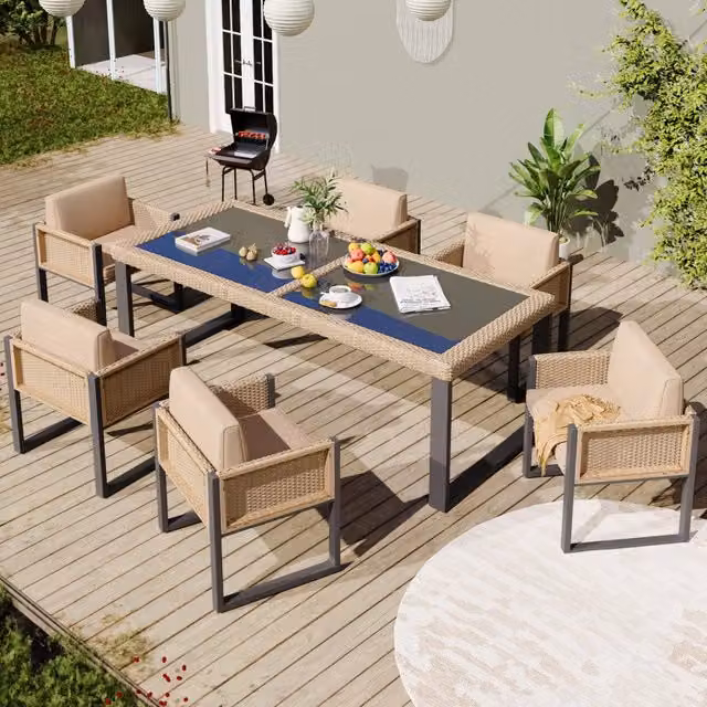 Set pranzo polyrattan 6 persone: poltrone; tessuto sfoderabile lavabile; marrone