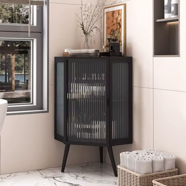 Mobile angolare 56x42.5x80 cm a due ripiani in metallo e vetro temperato nero