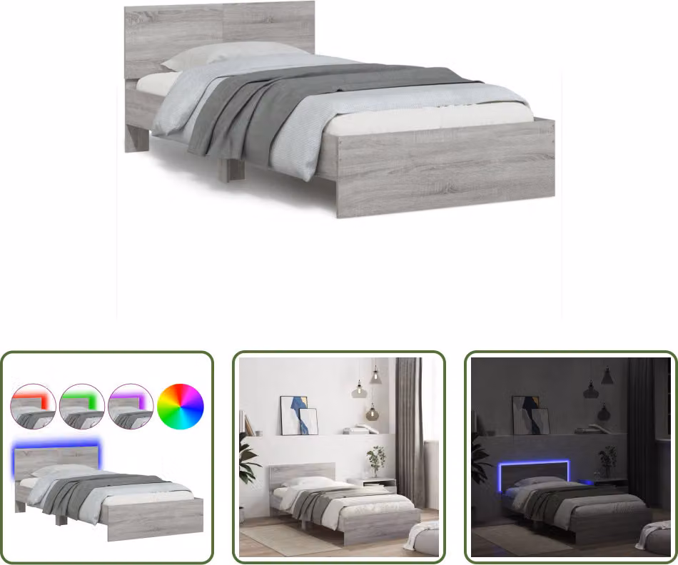 The Living Store Struttura letto con testiera e luci LED Grigio Sonoma 100x200cm