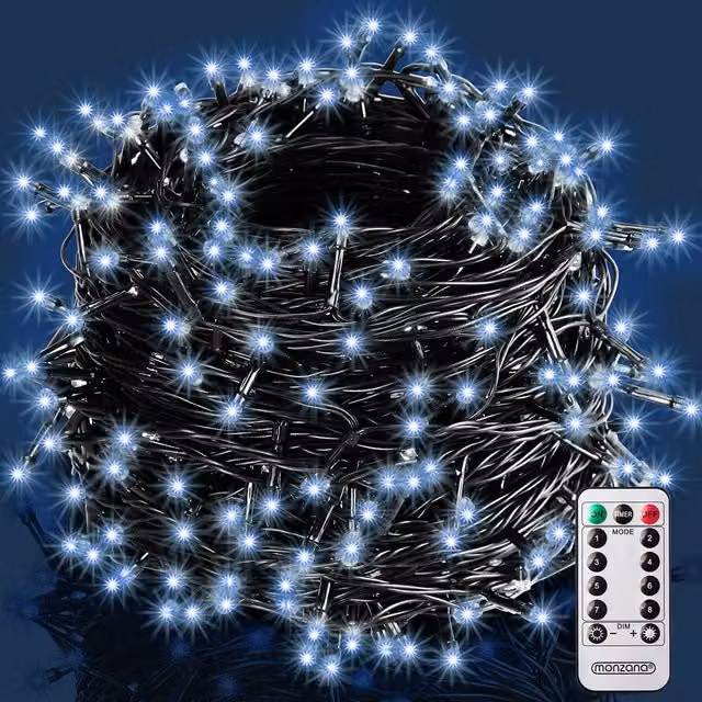 Catena di luci natalizie Monzana con 600 LED bianco freddo, lunghezza 60 m, con telecomando e timer, protezione IP44