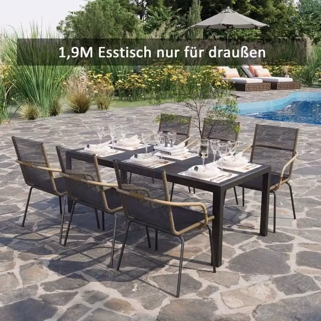 Tavolo da giardino con piano effetto legno resistente alle intemperie per esterni in alluminio nero 190 × 84,5 × 72 cm