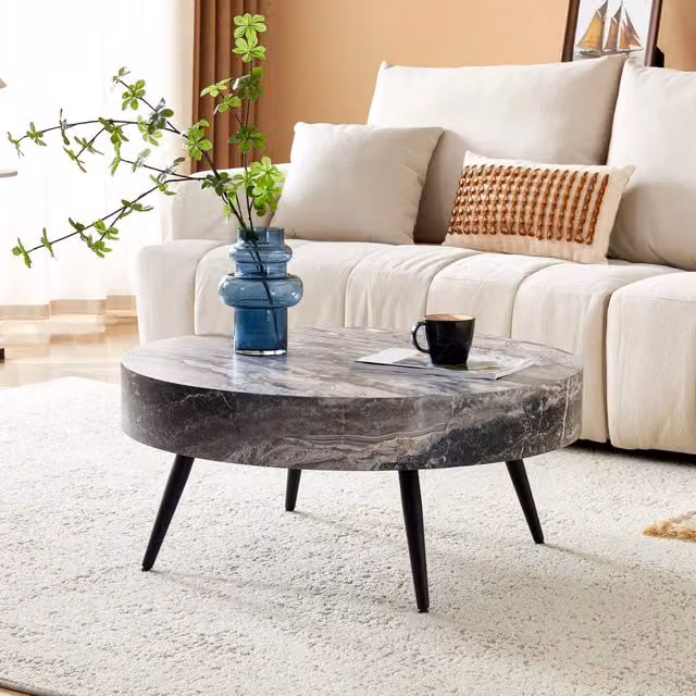 Tavolino da caffè rotondo Zephmum con piano in marmo grigio e gambe in metallo nero, Diametro: 70 cm, Altezza: 35,5 cm