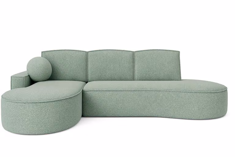 Divano ad angolo Sofello in stile moderno. Modello MOLLY dalle forme arrotondate con intreccio turchese: un design di tendenza dalle linee morbide! (con funzione letto) Superficie di riposo: 140x207 cm