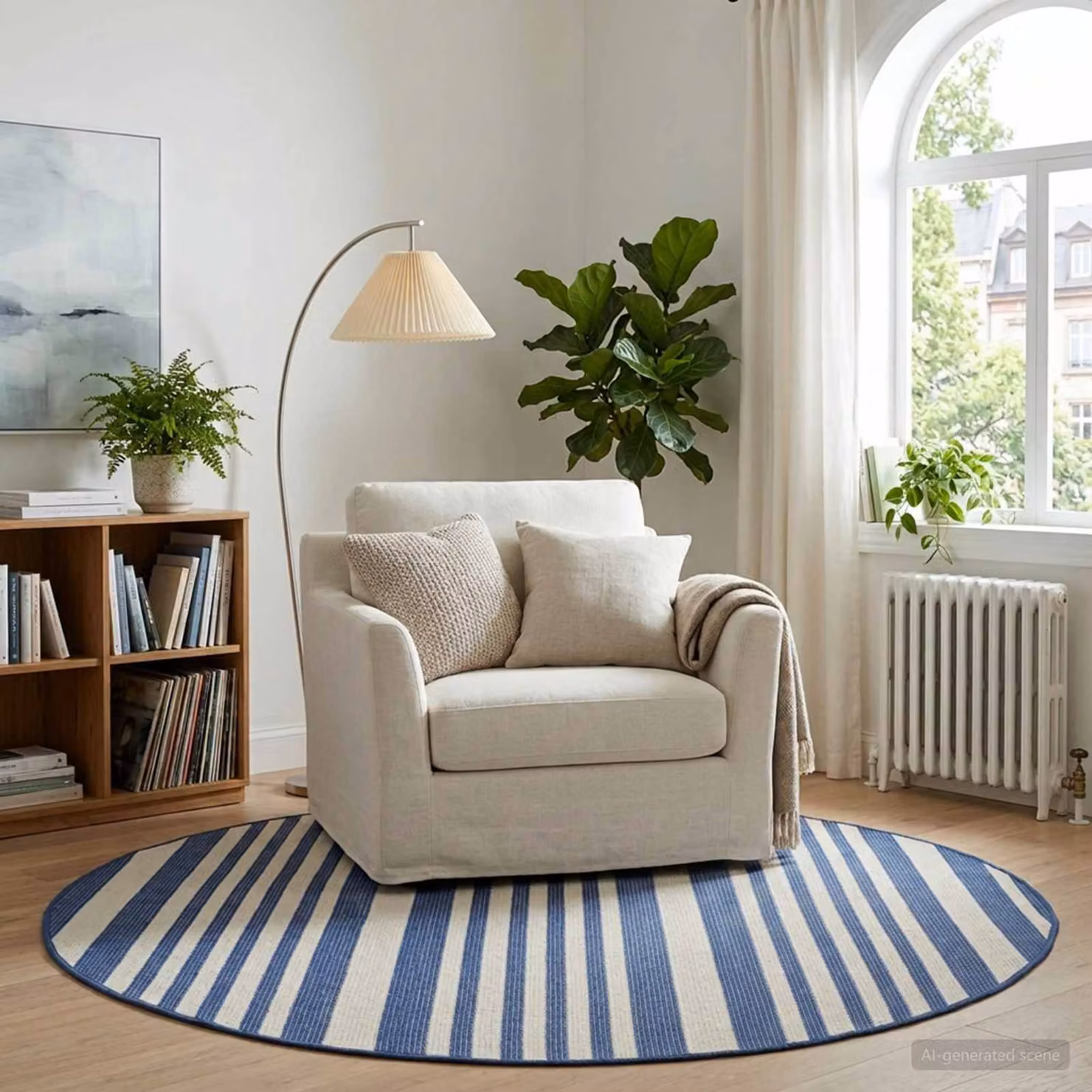 Tappeto rotondo vidaXL OLITE per interni ed esterni, resistente ai raggi UV e lavabile, colore naturale e blu navy, Diametro: 160 cm