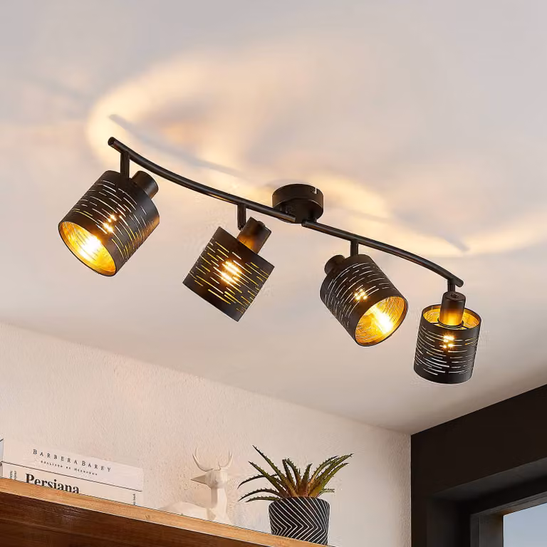Faretto da soffitto Lindby Iolyn, 4 luci Iolyn Lindby, dimmerabile, Nero, Soggiorno / Sala da pranzo, Plastica, Giovanile, Faretto