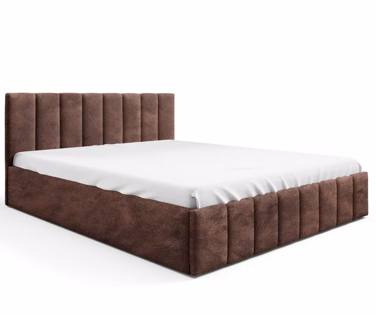 Letto imbottito GUTTO marrone 200x200 griglia a doghe in metallo marrone scuro Boucle con box letto e contenitore
